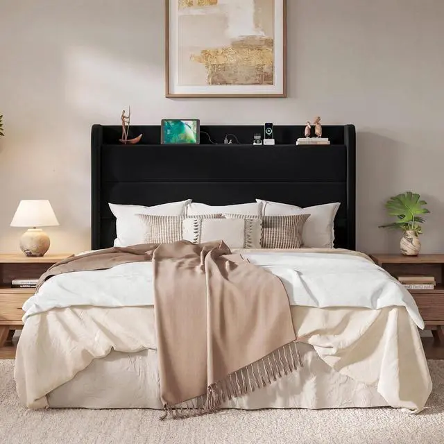 Alt view image 4 of 7 - Queen Bed Frame with Charging Station, Velvet Upholstered Platform Bed, Wingback Storage Headboard, Type-C & USB Ports, Strong Wooden Slats, No Box Spring Needed, Easy Assembly, Black
