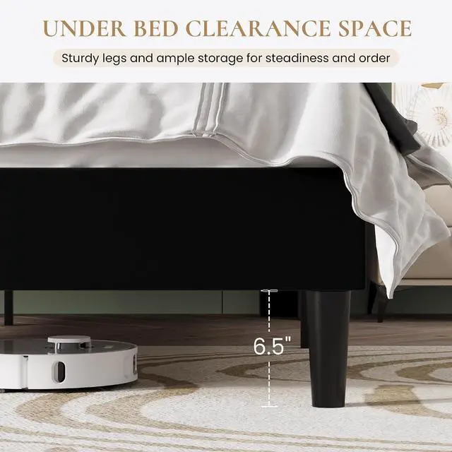 Alt view image 7 of 7 - Queen Bed Frame with Charging Station, Velvet Upholstered Platform Bed, Wingback Storage Headboard, Type-C & USB Ports, Strong Wooden Slats, No Box Spring Needed, Easy Assembly, Black