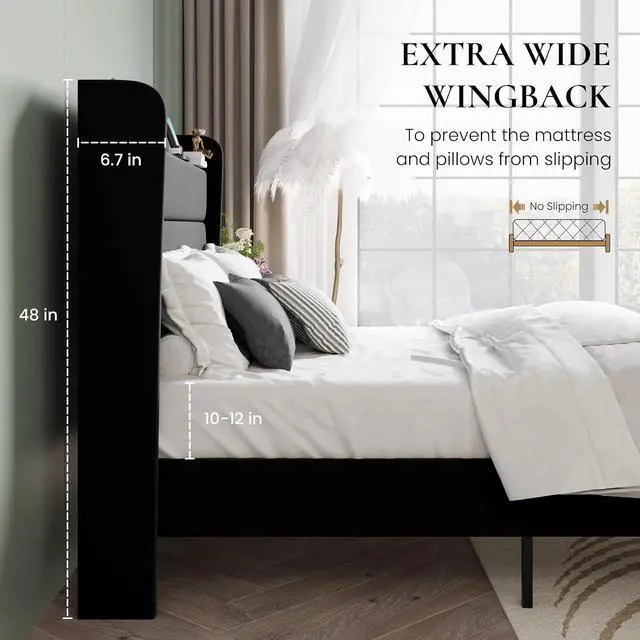 Alt view image 6 of 7 - Queen Bed Frame with Charging Station, Velvet Upholstered Platform Bed, Wingback Storage Headboard, Type-C & USB Ports, Strong Wooden Slats, No Box Spring Needed, Easy Assembly, Black