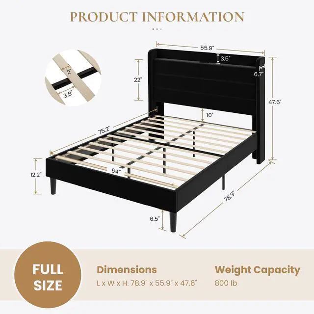 Alt view image 2 of 7 - Full Size Bed Frame with Charging Station, Velvet Upholstered Platform Bed, Wingback Storage Headboard, Type-C & USB Ports, Strong Wooden Slats, No Box Spring Needed, Easy Assembly, Black
