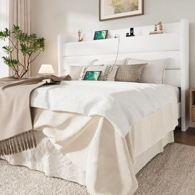 Main image of King Size Bed Frame with Charging Station, Velvet Upholstered Platform Bed, Wingback Storage Headboard, Type-C & USB Ports, Strong Wooden Slats, No Box Spring Needed, Easy Assembly, White