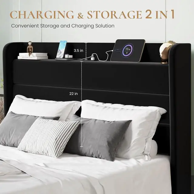 Alt view image 5 of 7 - Full Size Bed Frame with Charging Station, Velvet Upholstered Platform Bed, Wingback Storage Headboard, Type-C & USB Ports, Strong Wooden Slats, No Box Spring Needed, Easy Assembly, Black