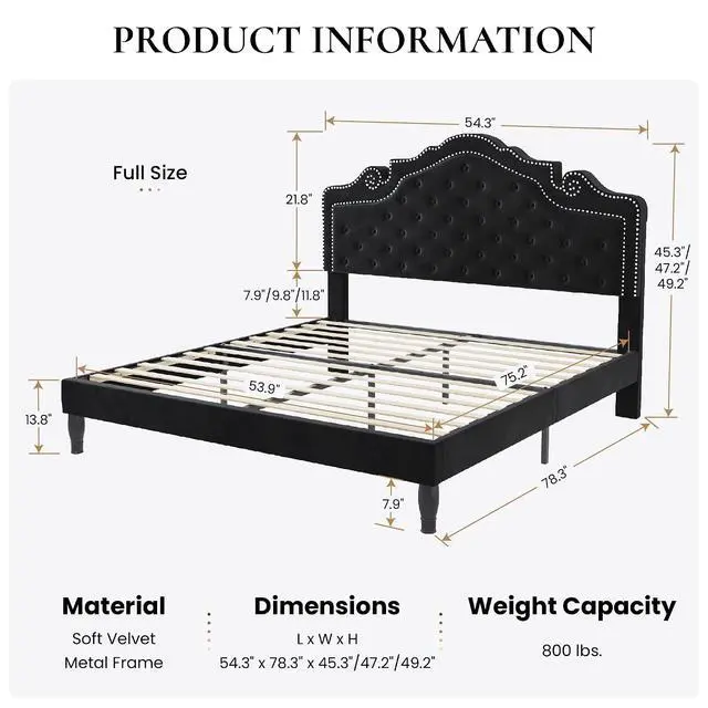 Alt view image 2 of 7 - Full Size Bed Frame with Adjustable Headboard/Velvet Upholstered/Diamond Button Tufted and Metal Studs/No Box Spring Needed/Wood Slat Support/Easy Assembly/Black
