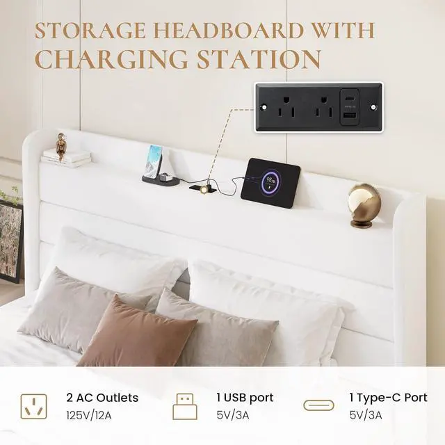 Alt view image 4 of 7 - King Size Bed Frame with Charging Station, Velvet Upholstered Platform Bed, Wingback Storage Headboard, Type-C & USB Ports, Strong Wooden Slats, No Box Spring Needed, Easy Assembly, White