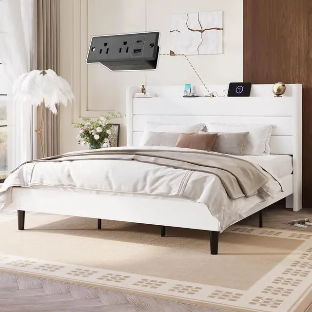 Alt view image 3 of 7 - King Size Bed Frame with Charging Station, Velvet Upholstered Platform Bed, Wingback Storage Headboard, Type-C & USB Ports, Strong Wooden Slats, No Box Spring Needed, Easy Assembly, White