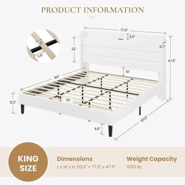 Alt view image 2 of 7 - King Size Bed Frame with Charging Station, Velvet Upholstered Platform Bed, Wingback Storage Headboard, Type-C & USB Ports, Strong Wooden Slats, No Box Spring Needed, Easy Assembly, White