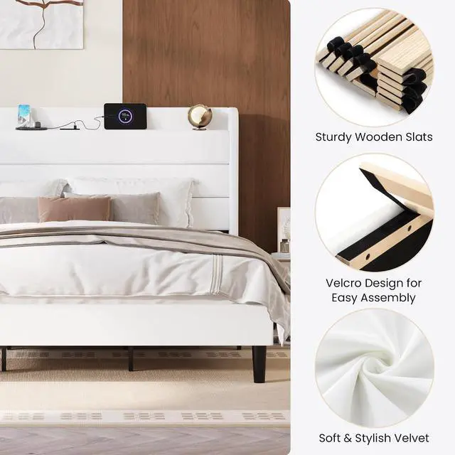 Alt view image 5 of 7 - King Size Bed Frame with Charging Station, Velvet Upholstered Platform Bed, Wingback Storage Headboard, Type-C & USB Ports, Strong Wooden Slats, No Box Spring Needed, Easy Assembly, White