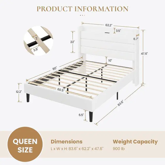 Alt view image 2 of 7 - Queen Bed Frame with Charging Station, Velvet Upholstered Platform Bed, Wingback Storage Headboard, Type-C & USB Ports, Strong Wooden Slats, No Box Spring Needed, Easy Assembly, White