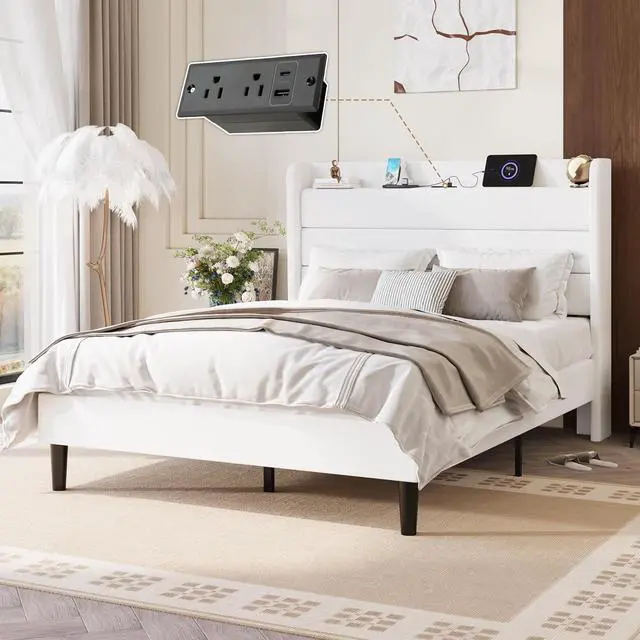 Alt view image 3 of 7 - Queen Bed Frame with Charging Station, Velvet Upholstered Platform Bed, Wingback Storage Headboard, Type-C & USB Ports, Strong Wooden Slats, No Box Spring Needed, Easy Assembly, White