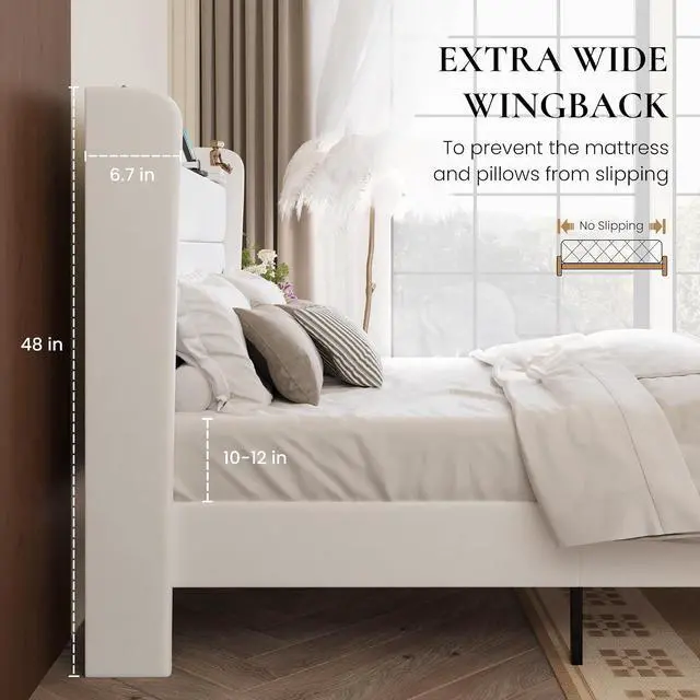 Alt view image 5 of 7 - Full Size Bed Frame with Charging Station, Velvet Upholstered Platform Bed, Wingback Storage Headboard, Type-C & USB Ports, Strong Wooden Slats, No Box Spring Needed, Easy Assembly, White