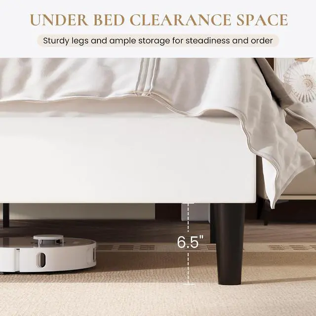 Alt view image 6 of 7 - Full Size Bed Frame with Charging Station, Velvet Upholstered Platform Bed, Wingback Storage Headboard, Type-C & USB Ports, Strong Wooden Slats, No Box Spring Needed, Easy Assembly, White