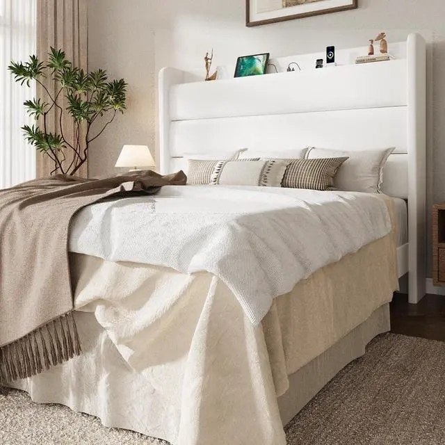 Main image of Full Size Bed Frame with Charging Station, Velvet Upholstered Platform Bed, Wingback Storage Headboard, Type-C & USB Ports, Strong Wooden Slats, No Box Spring Needed, Easy Assembly, White
