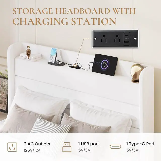 Alt view image 4 of 7 - Full Size Bed Frame with Charging Station, Velvet Upholstered Platform Bed, Wingback Storage Headboard, Type-C & USB Ports, Strong Wooden Slats, No Box Spring Needed, Easy Assembly, White