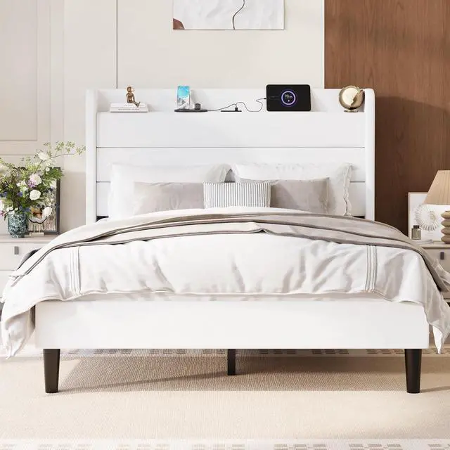 Alt view image 3 of 7 - Full Size Bed Frame with Charging Station, Velvet Upholstered Platform Bed, Wingback Storage Headboard, Type-C & USB Ports, Strong Wooden Slats, No Box Spring Needed, Easy Assembly, White