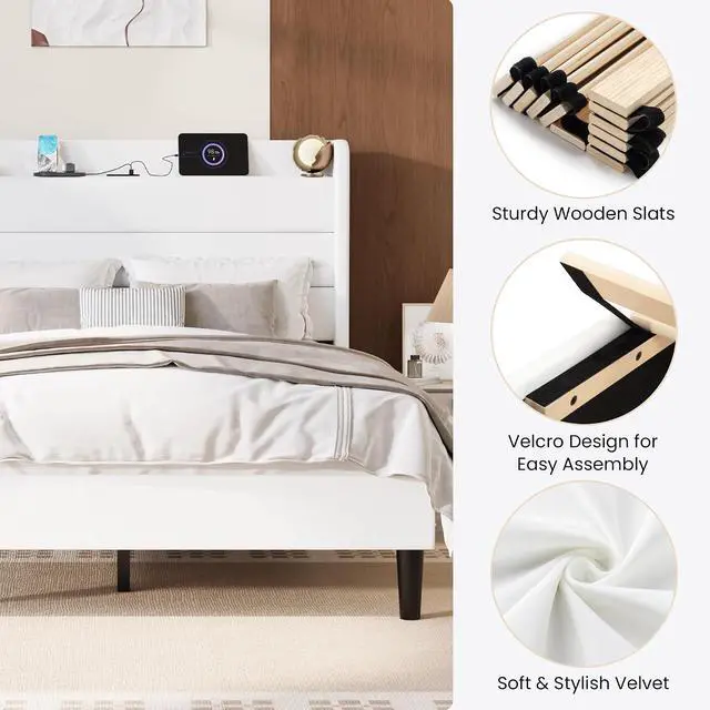 Alt view image 7 of 7 - Full Size Bed Frame with Charging Station, Velvet Upholstered Platform Bed, Wingback Storage Headboard, Type-C & USB Ports, Strong Wooden Slats, No Box Spring Needed, Easy Assembly, White