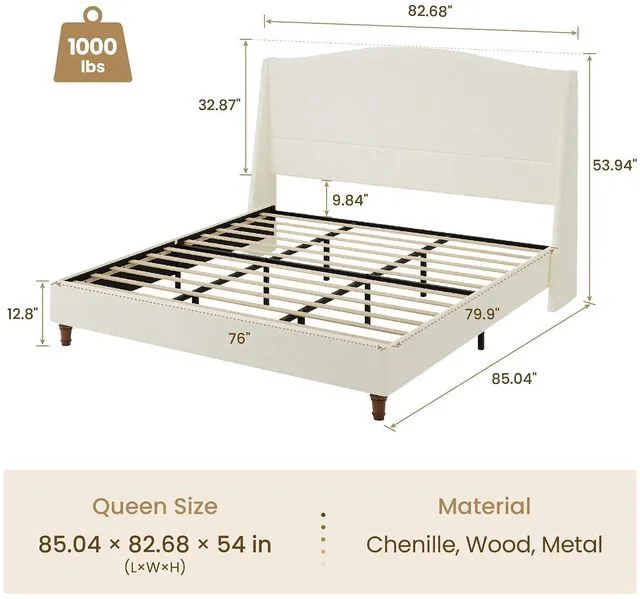 Alt view image 2 of 7 - King Size Upholstered Platform Bed Frame, Modern Chenille Bed with 54'' Tall Headboard, Curved Wingback, Wooden Legs, Heavy Duty Slat Support, Noise-Free, Easy Assembly, Soft White