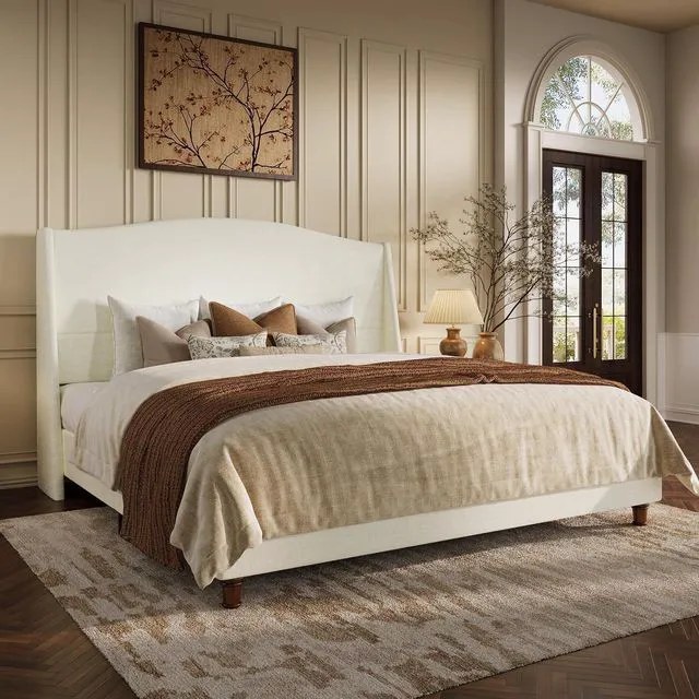 Alt view image 3 of 7 - King Size Upholstered Platform Bed Frame, Modern Chenille Bed with 54'' Tall Headboard, Curved Wingback, Wooden Legs, Heavy Duty Slat Support, Noise-Free, Easy Assembly, Soft White