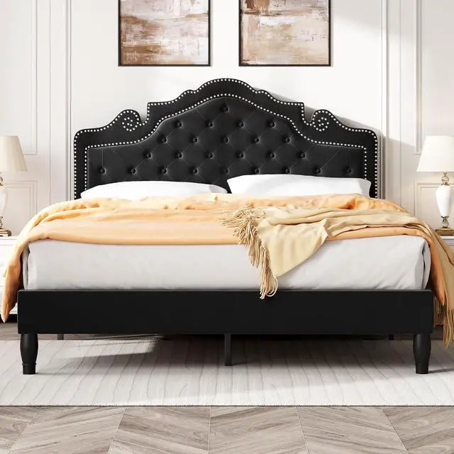 Main image of Full Size Bed Frame with Adjustable Headboard/Velvet Upholstered/Diamond Button Tufted and Metal Studs/No Box Spring Needed/Wood Slat Support/Easy Assembly/Black