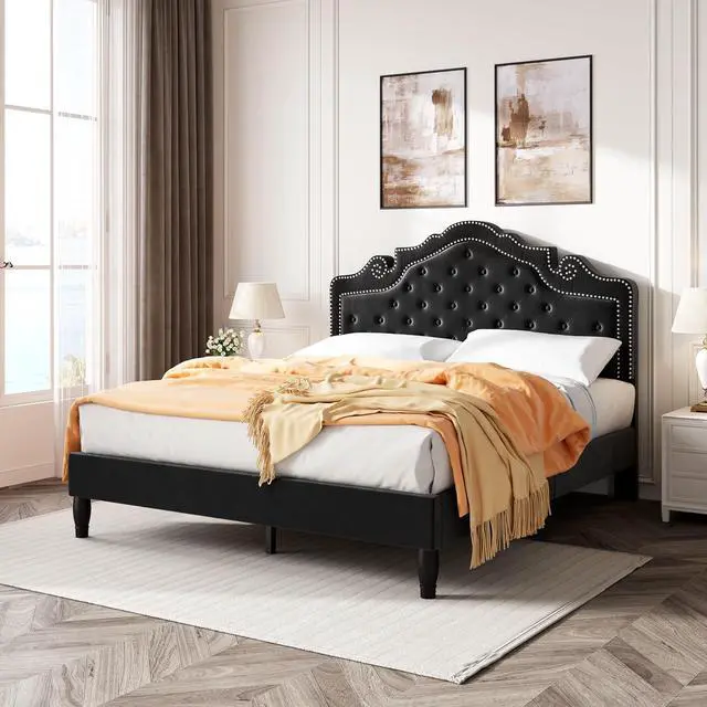 Alt view image 3 of 7 - Full Size Bed Frame with Adjustable Headboard/Velvet Upholstered/Diamond Button Tufted and Metal Studs/No Box Spring Needed/Wood Slat Support/Easy Assembly/Black