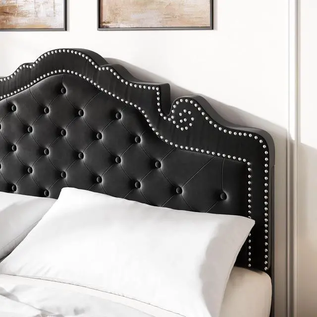 Alt view image 4 of 7 - Full Size Bed Frame with Adjustable Headboard/Velvet Upholstered/Diamond Button Tufted and Metal Studs/No Box Spring Needed/Wood Slat Support/Easy Assembly/Black