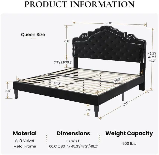 Alt view image 2 of 7 - Queen Bed Frame with Adjustable Headboard/Velvet Upholstered/Diamond Button Tufted and Metal Studs/No Box Spring Needed/Wood Slat Support/Easy Assembly/Black
