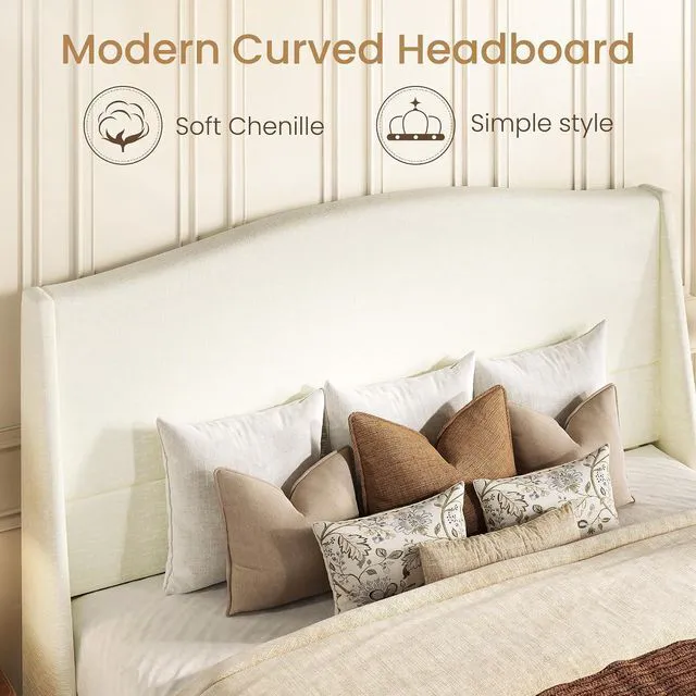 Alt view image 5 of 7 - King Size Upholstered Platform Bed Frame, Modern Chenille Bed with 54'' Tall Headboard, Curved Wingback, Wooden Legs, Heavy Duty Slat Support, Noise-Free, Easy Assembly, Soft White
