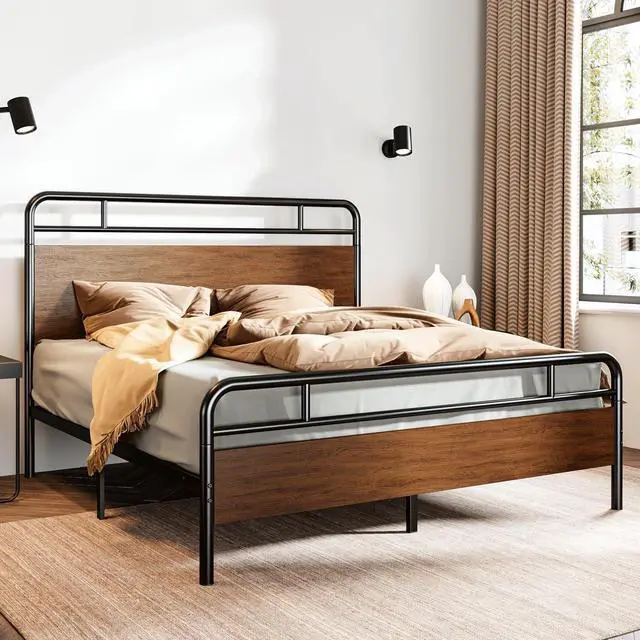 Alt view image 3 of 7 - Queen Size Bed Frame with Wooden Headboard and Footboard, Rounded Corner Metal Structure, Heavy Duty Slats with Under-Bed Storage, No Box Spring Needed, Walnut