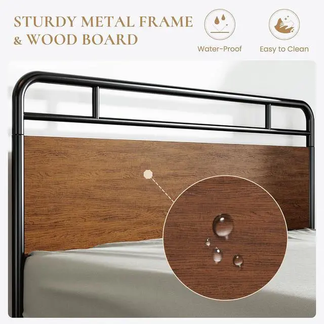 Alt view image 4 of 7 - Queen Size Bed Frame with Wooden Headboard and Footboard, Rounded Corner Metal Structure, Heavy Duty Slats with Under-Bed Storage, No Box Spring Needed, Walnut