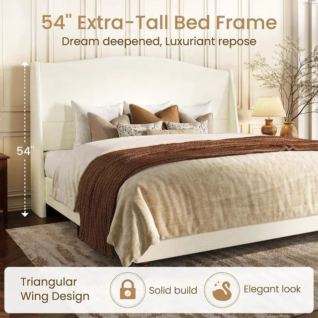 Alt view image 7 of 7 - King Size Upholstered Platform Bed Frame, Modern Chenille Bed with 54'' Tall Headboard, Curved Wingback, Wooden Legs, Heavy Duty Slat Support, Noise-Free, Easy Assembly, Soft White