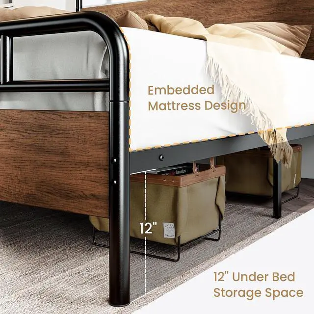 Alt view image 6 of 7 - Queen Size Bed Frame with Wooden Headboard and Footboard, Rounded Corner Metal Structure, Heavy Duty Slats with Under-Bed Storage, No Box Spring Needed, Walnut