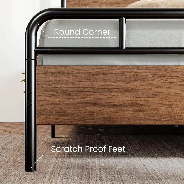 Alt view image 5 of 7 - Queen Size Bed Frame with Wooden Headboard and Footboard, Rounded Corner Metal Structure, Heavy Duty Slats with Under-Bed Storage, No Box Spring Needed, Walnut