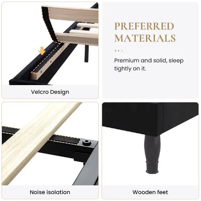 Alt view image 6 of 7 - Full Size Bed Frame with Adjustable Headboard/Velvet Upholstered/Diamond Button Tufted and Metal Studs/No Box Spring Needed/Wood Slat Support/Easy Assembly/Black