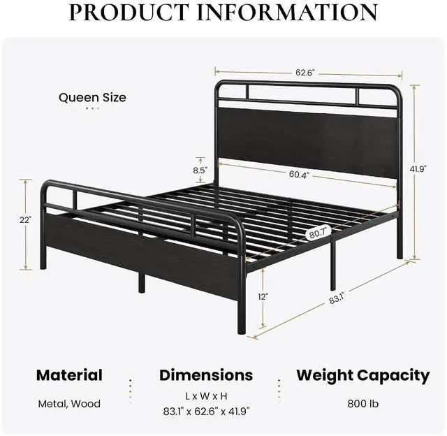 Alt view image 2 of 7 - Queen Size Bed Frame with Vintage Industrial Wood Headboard, Heavy Duty Metal Platform, 12 Inch Under Bed Storage, Noise-Free, No Box Spring Needed, Easy Assembly, Black