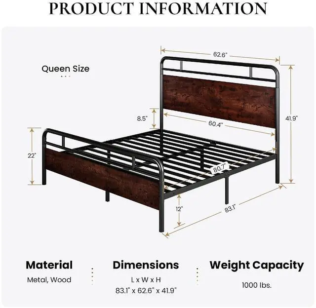 Alt view image 2 of 7 - Queen Size Bed Frame with Wooden Headboard and Footboard, Rounded Corner Metal Structure, Heavy Duty Slats with Under-Bed Storage, No Box Spring Needed, Mahogany