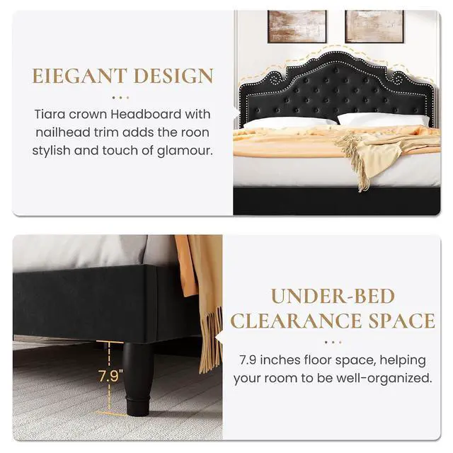 Alt view image 7 of 7 - Full Size Bed Frame with Adjustable Headboard/Velvet Upholstered/Diamond Button Tufted and Metal Studs/No Box Spring Needed/Wood Slat Support/Easy Assembly/Black