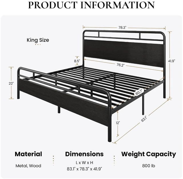 Alt view image 2 of 7 - King Size Bed Frame with Vintage Industrial Wood Headboard, Heavy Duty Metal Platform with 12" Under-Bed Storage, Mattress Foundation, No Box Spring Needed, Noise-Free, Easy Assembly, Black