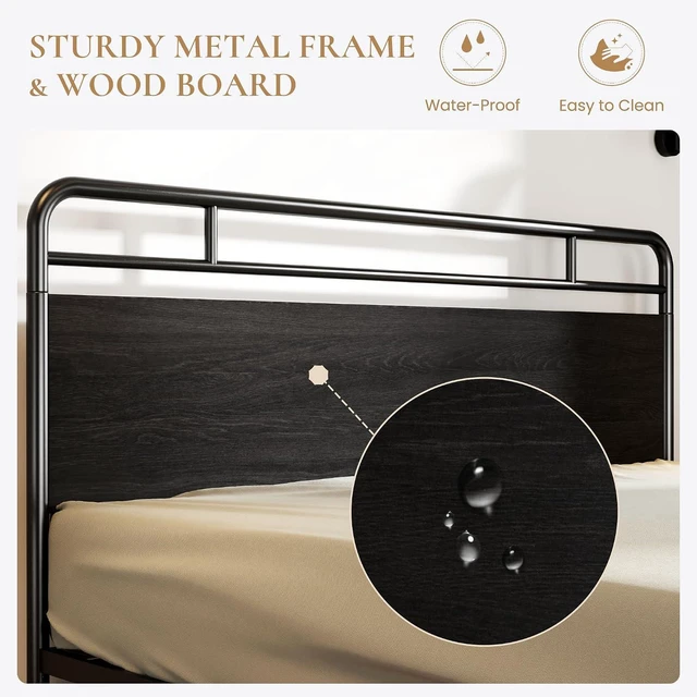 Alt view image 4 of 7 - King Size Bed Frame with Vintage Industrial Wood Headboard, Heavy Duty Metal Platform with 12" Under-Bed Storage, Mattress Foundation, No Box Spring Needed, Noise-Free, Easy Assembly, Black