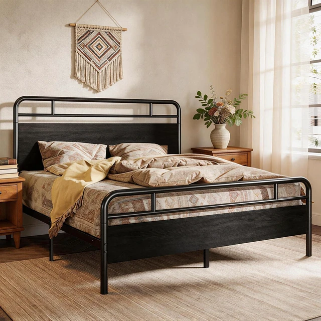 Alt view image 3 of 7 - King Size Bed Frame with Vintage Industrial Wood Headboard, Heavy Duty Metal Platform with 12" Under-Bed Storage, Mattress Foundation, No Box Spring Needed, Noise-Free, Easy Assembly, Black
