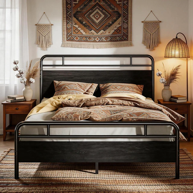 Main image of King Size Bed Frame with Vintage Industrial Wood Headboard, Heavy Duty Metal Platform with 12" Under-Bed Storage, Mattress Foundation, No Box Spring Needed, Noise-Free, Easy Assembly, Black