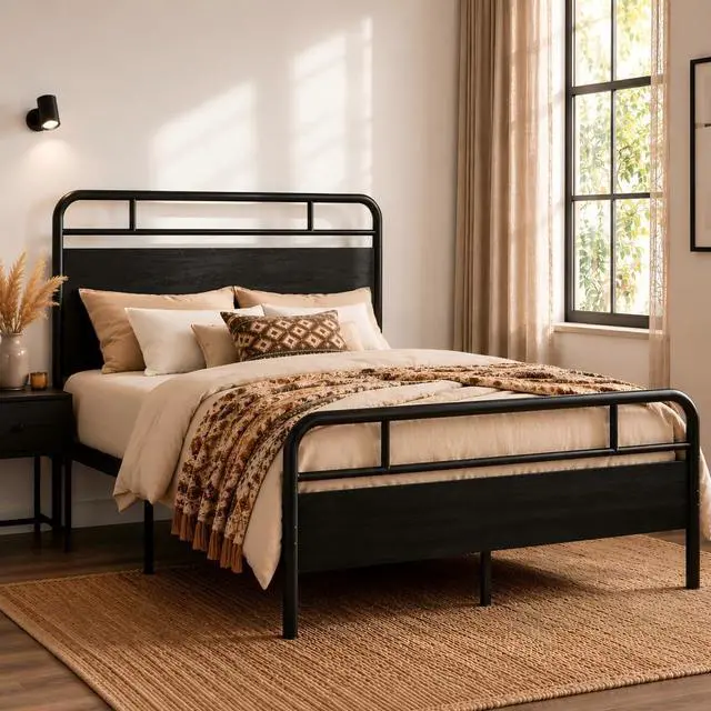 Alt view image 3 of 7 - Queen Size Bed Frame with Vintage Industrial Wood Headboard, Heavy Duty Metal Platform, 12 Inch Under Bed Storage, Noise-Free, No Box Spring Needed, Easy Assembly, Black