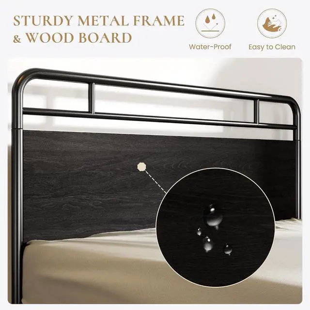 Alt view image 4 of 7 - Queen Size Bed Frame with Vintage Industrial Wood Headboard, Heavy Duty Metal Platform, 12 Inch Under Bed Storage, Noise-Free, No Box Spring Needed, Easy Assembly, Black
