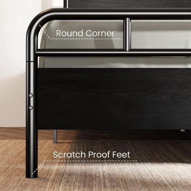 Alt view image 5 of 7 - Queen Size Bed Frame with Vintage Industrial Wood Headboard, Heavy Duty Metal Platform, 12 Inch Under Bed Storage, Noise-Free, No Box Spring Needed, Easy Assembly, Black