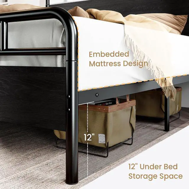 Alt view image 6 of 7 - Queen Size Bed Frame with Vintage Industrial Wood Headboard, Heavy Duty Metal Platform, 12 Inch Under Bed Storage, Noise-Free, No Box Spring Needed, Easy Assembly, Black