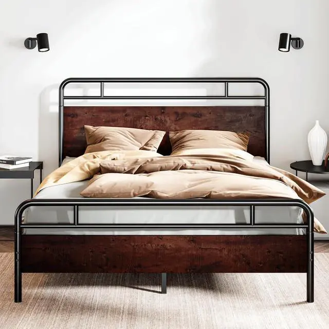 Main image of Queen Size Bed Frame with Wooden Headboard and Footboard, Rounded Corner Metal Structure, Heavy Duty Slats with Under-Bed Storage, No Box Spring Needed, Mahogany