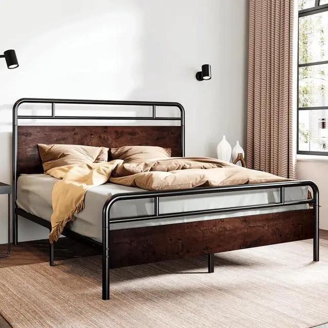 Alt view image 3 of 7 - Queen Size Bed Frame with Wooden Headboard and Footboard, Rounded Corner Metal Structure, Heavy Duty Slats with Under-Bed Storage, No Box Spring Needed, Mahogany