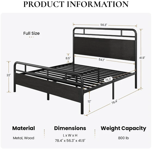 Alt view image 2 of 7 - Full Size Bed Frame with Vintage Industrial Wood Headboard, Heavy Duty Metal Platform with 12" Under-Bed Storage, Mattress Foundation, No Box Spring Needed, Noise-Free, Easy Assembly, Black