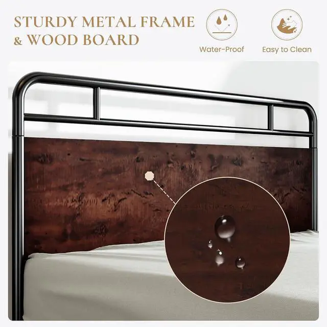 Alt view image 4 of 7 - Queen Size Bed Frame with Wooden Headboard and Footboard, Rounded Corner Metal Structure, Heavy Duty Slats with Under-Bed Storage, No Box Spring Needed, Mahogany