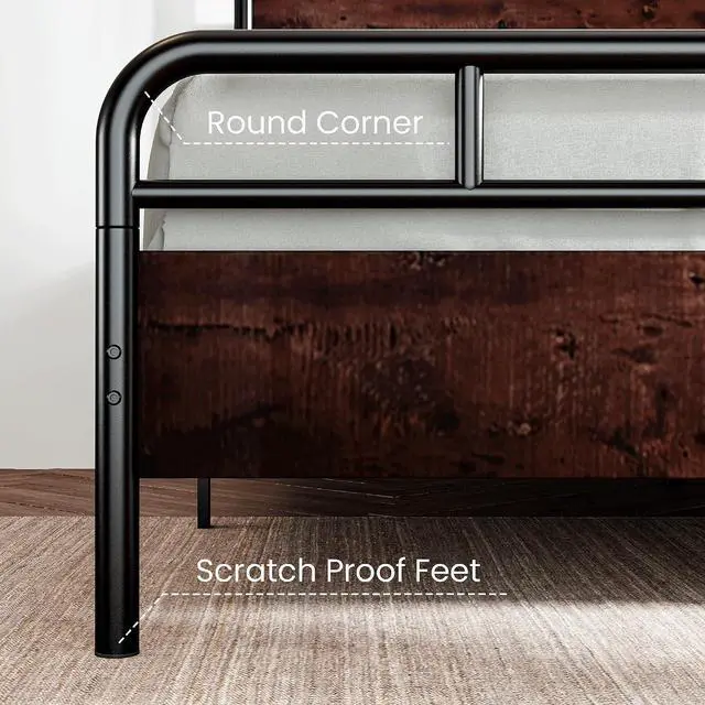 Alt view image 5 of 7 - Queen Size Bed Frame with Wooden Headboard and Footboard, Rounded Corner Metal Structure, Heavy Duty Slats with Under-Bed Storage, No Box Spring Needed, Mahogany