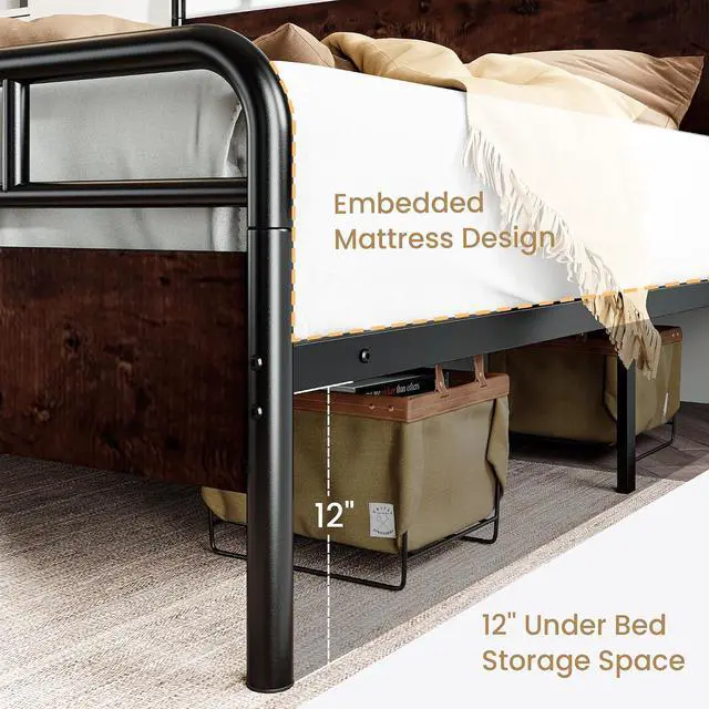 Alt view image 6 of 7 - Queen Size Bed Frame with Wooden Headboard and Footboard, Rounded Corner Metal Structure, Heavy Duty Slats with Under-Bed Storage, No Box Spring Needed, Mahogany