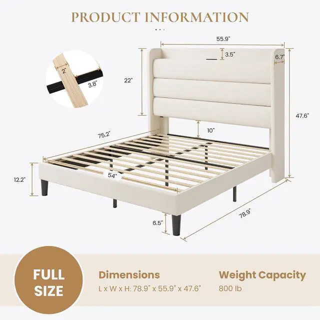 Alt view image 2 of 7 - Full Size Bed Frame with Charging Station, Velvet Upholstered Platform Bed, Wingback Storage Headboard, Type-C & USB Ports, Strong Wooden Slats, No Box Spring Needed, Easy Assembly, Cream